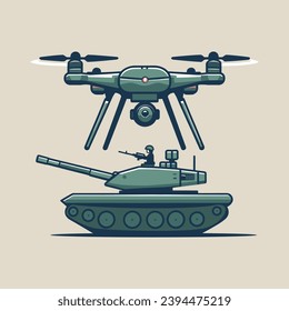 Military drone UAV fly over tank isolated vector illustration concept icon