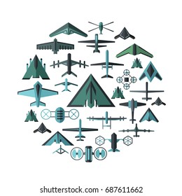 Military drones flat icons set. Drones vector illustration for design and web isolated on white background. 