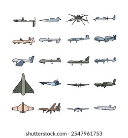 Military drones line color icons set. Signs for web page, mobile app, button, logo. Vector isolated button. Editable stroke.