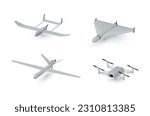 Military drones munition air kamikaze attack device set realistic vector illustration. Spy security aerial surveillance flying fighter tactical missile with camera. Fighting precision winged vehicle