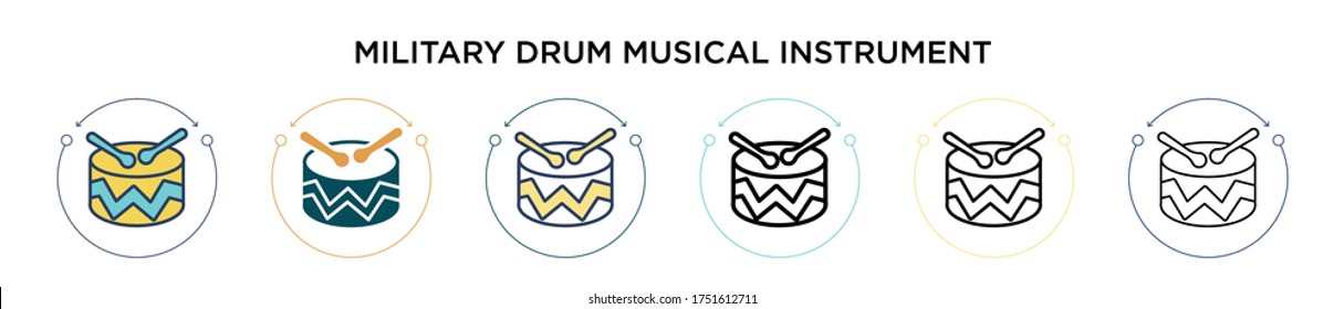 Military drum musical instrument icon in filled, thin line, outline and stroke style. Vector illustration of two colored and black military drum musical instrument vector icons designs can be used