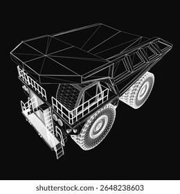 Military dump truck wireframe model on black background, featuring detailed headlights, grille, wheels, and chassis structure. The 3D rendering highlights the vehicle's rugged design and functional.