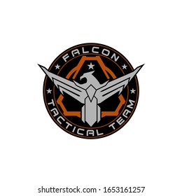 military eagle falcon logo in badge shield. logo design template for military, tactical, armory, veteran, security, team.