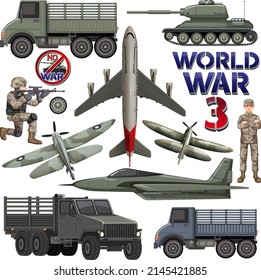 Ilustración de elementos militares y vehículos