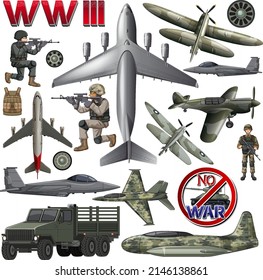 Ilustración de elementos militares y vehículos