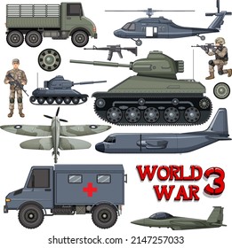 Military elements and vehicles set illustration