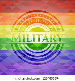 Military emblem on mosaic background with the colors of the LGBT flag