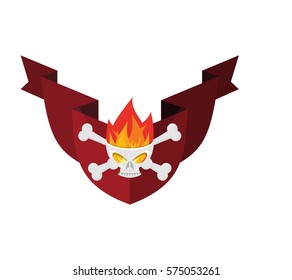  Military emblem Skull and crossbones and fire. shield and ribbon. Heraldic sign.
