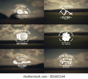 Military emblems and blurred background landscape in retro style . Graphic design for t-shirt. 