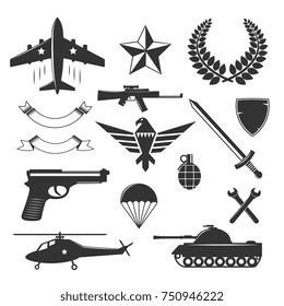 Emblemas militares conjunto de imágenes monocromas aisladas de signos y símbolos de armas en ilustración vectorial en blanco