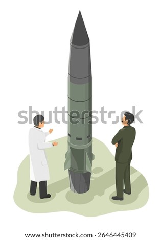 Military engineer and scientist discussing ballistic missile design for advanced defense technology development isometric