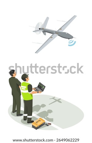 Military engineers operating an advanced UAV system with real-time data monitoring to support defense technology development and aerial surveillance missions