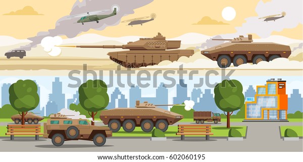 Military\
equipment horizontal banners with ground battle machines and air\
force in desert and city vector\
illustration