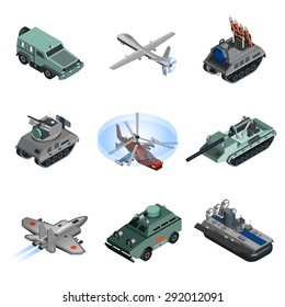 Military Equipment Isometric Set With Helicopter Armored Vehicle Truck Isolated Vector Illustration