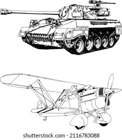 military equipment, tanks and planes drawn realistically for the logo