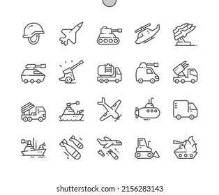 Military Equipment. UAV, ZRK Buk, Tank, Artillery, Armored Car. Army. Military Transport. Pixel Perfect Vector Thin Line Icons. Simple Minimal Pictogram