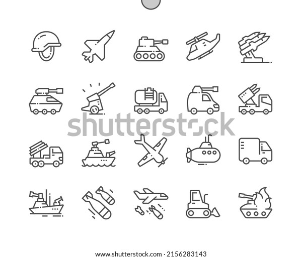 Military equipment. UAV, ZRK buk, tank,
artillery, armored car. Army. Military transport. Pixel Perfect
Vector Thin Line Icons. Simple Minimal
Pictogram