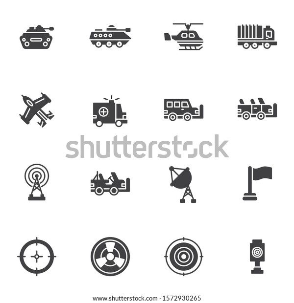 Military equipment vector icons set, modern solid\
symbol collection, filled style pictogram pack. Signs, logo\
illustration. Set includes icons as tank, helicopter, armour truck,\
fighter jet plane,\
aim