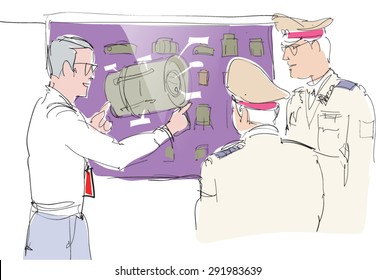 Military exhibition stand. Vector