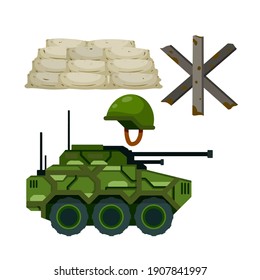 Military facility. Army base. Barricade, firing point. Shelter and tank. Modern weapons and equipment. Protective helmet. Flat cartoon