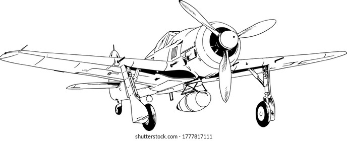 military fighter jet drawn in ink by hand in full growth on a white background