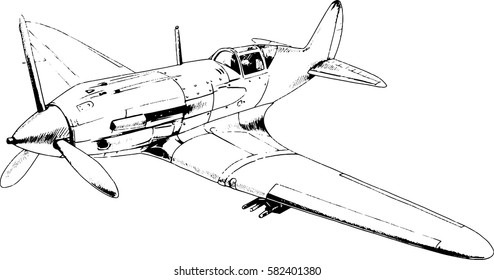 military fighter jet drawn in ink by hand in full growth on a white background