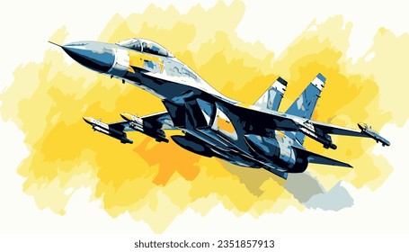 Military fighter jet F16. Vector art illustration of airplane watercolour style. Modern war aircraft. F16 flying at high speed. F-16 aeroplane. Supersonic speed. Ukraine air force.