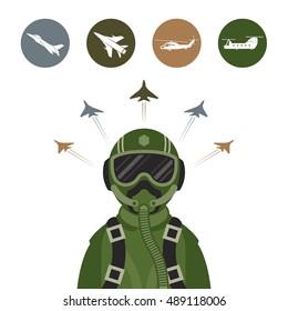 Military Fighter Jet Pilot With Military Aircraft Icons And Symbols