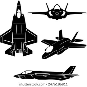 Military fighter jet vector set with outline