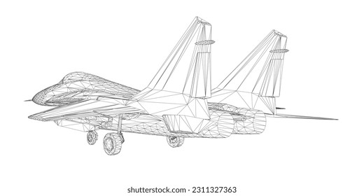 Military fighter jet wireframe. Vector art illustration of wireframe airplane. Modern war aircraft. Supersonic speed. 3D..