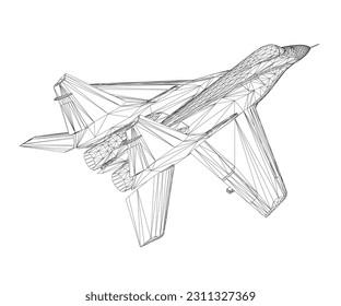 Máquina de caza militar. Ilustración vectorial del avión de la estructura alambrada. Avión de guerra moderno. Velocidad supersónica. 3 D.