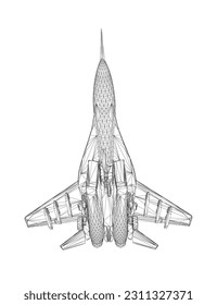 Military fighter jet wireframe. Vector art illustration of wireframe airplane. Modern war aircraft. Supersonic speed. 3D..