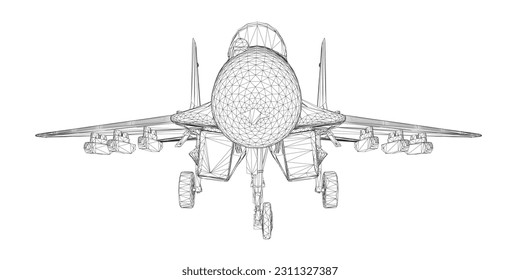 Military fighter jet wireframe. Vector art illustration of wireframe airplane. Modern war aircraft. Supersonic speed. 3D..
