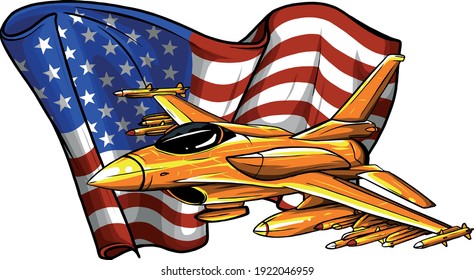 Military Fighter Jets With American Flag. Vector Illustration