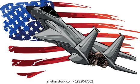 Military Fighter Jets With American Flag. Vector Illustration