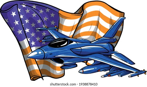 Military Fighter Jets With American Flag. Vector Illustration