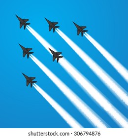 Military fighter jets during demonstration. Vector illustration