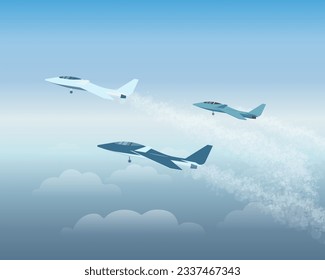 Military fighter jets flying in sky vector illustration. Military eagle planes taking off for exercise or training above airport. Aviation, air transportation, flight, army concept