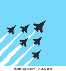 Military fighter jets on a blue background. Vector airplane show banner