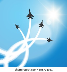 Military Fighter Jets Perform Aerial Acrobatics. Vector Illustration