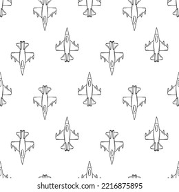 Avión de combate militar, icono del doodle vector. Ilustración del vector de patrones sin cable del equipo de aviación de guerra.