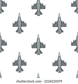 Avión de combate militar, icono del doodle vector. Ilustración del vector de patrones sin cable del equipo de aviación de guerra.