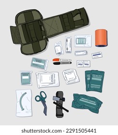 Military first aid kit bag set. Things from the first aid kit. First aid. Open first aid kit bag. Vector illustration. Isolated. 