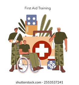 Military First Aid Training concept. Soldiers learn emergency care skills with medical supplies and wheelchair. Safety preparedness and health treatment. Vector illustration.