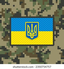 Military flag patch of the Ukrainian army on pixel camouflage background. Ukraine 3d flag patch iron on Ukrainian national emblem, embroidered patches for clothing. Vector illustration