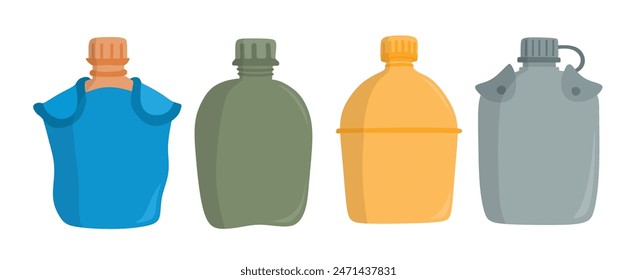 Military flask vector set cute cartoon style.