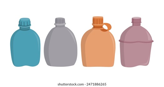 Military flask vector set cute cartoon style.