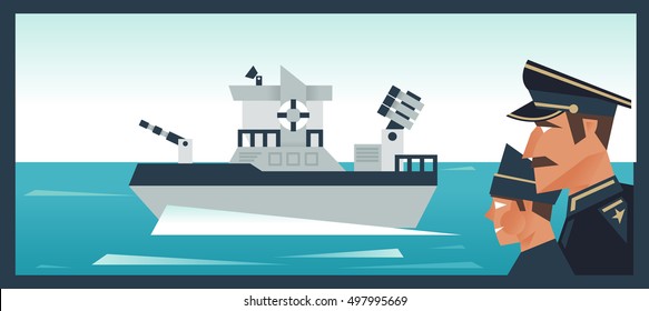 Military fleet. The Admiral and his assistant. Sea ocean. The brave defenders of the homeland. Vector illustration