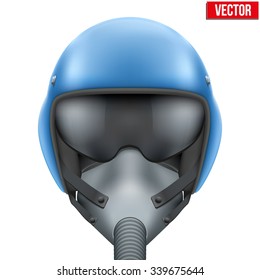 Military Flight Fighter Pilot Blue Helmet Of Air Force With Oxygen Mask. Vector Illustration Isolated On White Background.