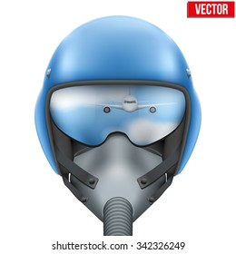 Military flight fighter pilot blue helmet of Air Force with oxygen mask. Vector illustration isolated on white background.